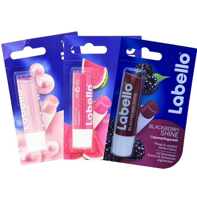 Labello Pearly Shine, Labello Watermelon Shine, Labelle Blackberry Shine Lip Balm Bundle-Velvo Beauty