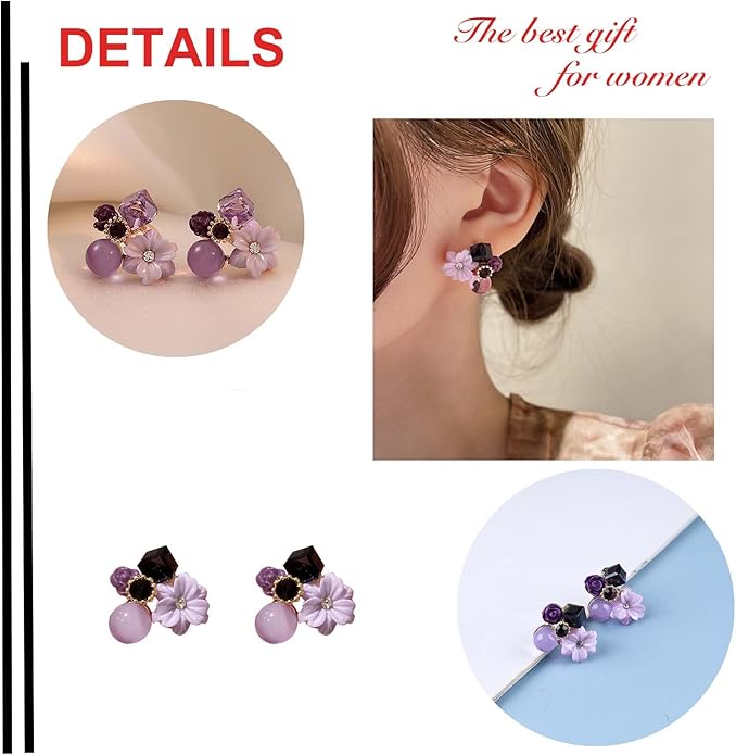 Boho Amethyst Flower Drop Earrings Vintage Purple Rhinestones Flora Petal Earrings Statement Purple Rose Studs Wedding Prom Geometric Crystal Flower Earrings Jewelry for Women-Velvo Beauty