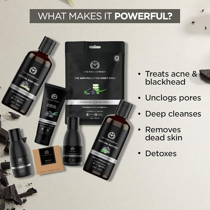 The Man Company Ultimate Charcoal Detan Kit with Elegant Gift Box | Charcoal Body wash, Shampoo, Face Scrub, Face wash, Charcoal Soap, Cleansing gel, Charcoal Sheet mask*2 (Set of 8)-Velvo Beauty