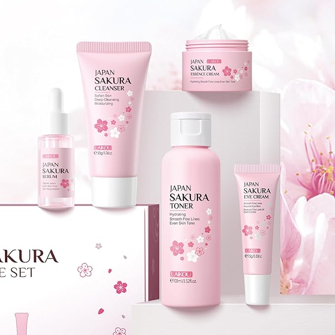 Skin Care Set JAPAN SAKURA Women Beauty Gift Sets Skin Care Kit with Cleanser, Toner, Serum, Eye Cream, Face Cream Travel Kit for Women Teen Girls Mom Daughter Birthday TSA-friendly Sizes 5pcs-Velvo Beauty