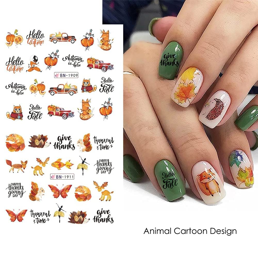 Fall Maple Leaf Nail Art Stickers Autumn Nail Art Water Decals Transfer Nail Supplies Maple Leaves Turkey Pumpkin Design Slider Sticker for Women Acrylic Nail Fall Thanksgiving Nail Decorations 12 PCS-Velvo Beauty