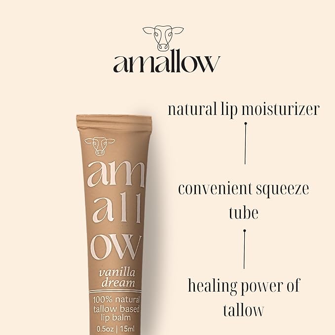 All Natural Tallow Lip Balm Squeezable Tube - Grass Fed/Finished Beef Tallow + Organic Beeswax & Vanilla Essential Oil .5 OZ (Vanilla Dream)-Velvo Beauty