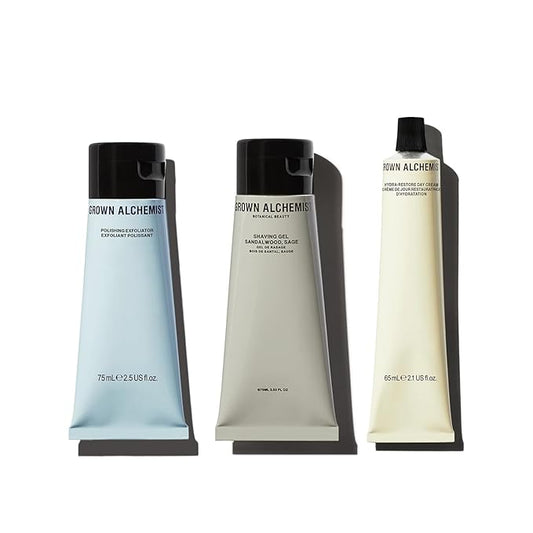 Grown Alchemist Refreshed & Ready Trio Bundle for Men. Shaving Gel+Exfoliating Polishing Cleanser+Hydra Restore Day Cream-Velvo Beauty