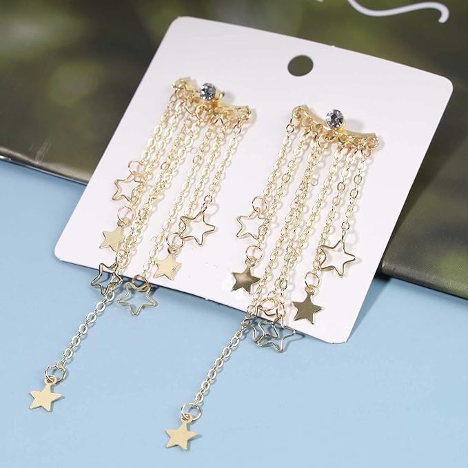 Boho Star Chain Tassel Earrings Gold Star Dangle Earrings Long Chain Drop Earrings Tiny Star Fringe Chain Earrings Jewelry for Women and Girls-Velvo Beauty