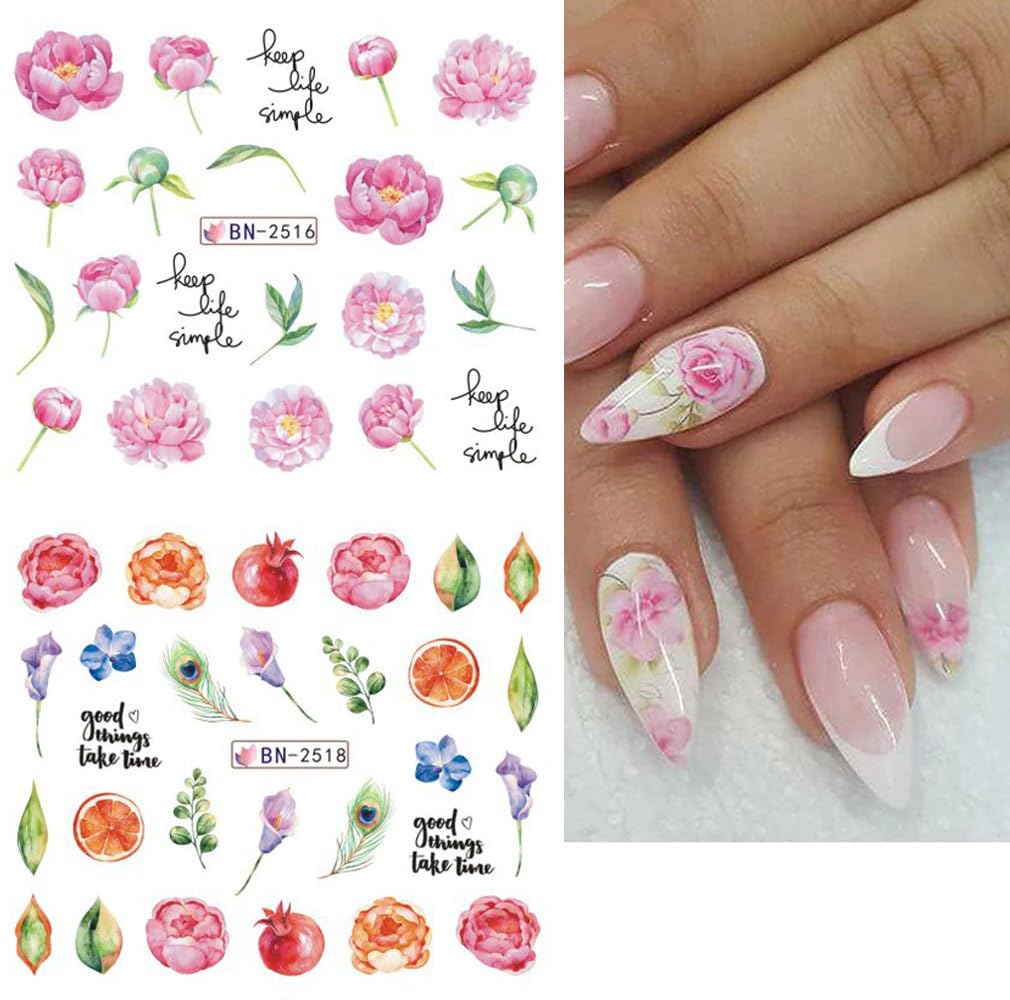 12 Sheets Flower Nail Water Transfer Decals, Nail Art Stickers for Women, Holographic Colorful Flower Leaf Patterns Nail Designs Supplies, Acrylic Nails Decorations DIY Resin Nail Decal Tattoos Set-Velvo Beauty