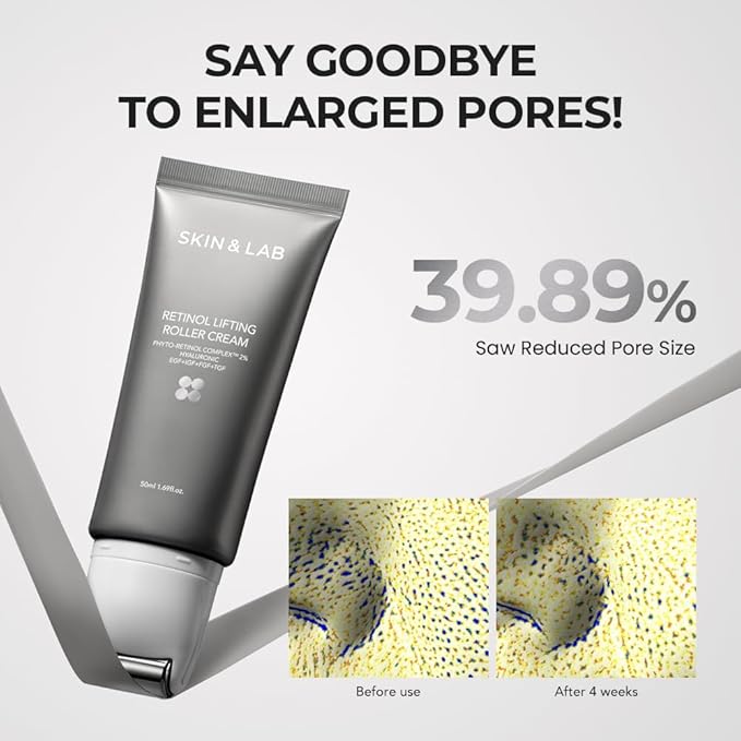 [SKIN&LAB] Retinol Lifting Roller Cream with Massage applicator, Vegan Anti Aging Face and Neck Cream for Reduce Wrinkles and Fine Line, For Face, Neck, Décolleté Wrinkle Care, 1.69 fl. oz.-Velvo Beauty