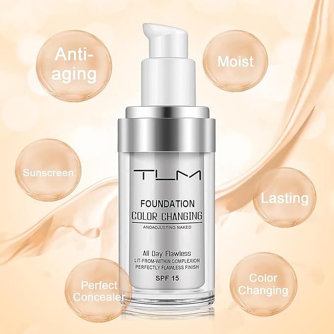 2 PACK TLM Color Changing Foundation Liquid Base,TLM Concealer Cover Cream,All Day Flawless Warm Skin Tone BB Cream Makeup Base Concealer for All Skin SPF15-Velvo Beauty