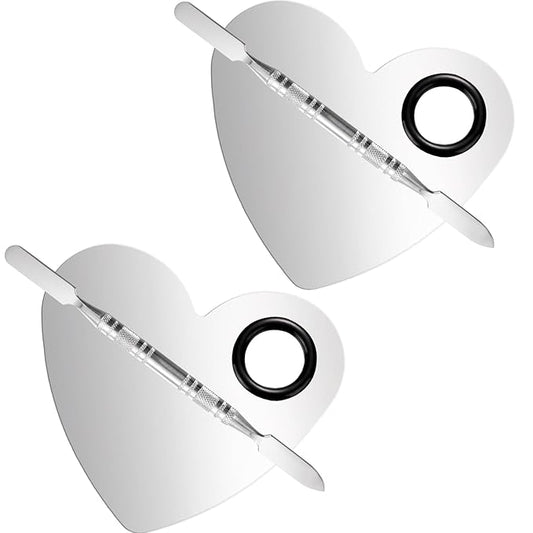 2 Pcs Stainless Makeup Mixing Palette,Tool for Mixing Foundation Nail-Art,Palette with A Stick,Storage Bag,Beauty Salon Color Cream Mixing Palette,Makeup Artist,Makeup Enthusiast (Heart Shaped)-Velvo Beauty