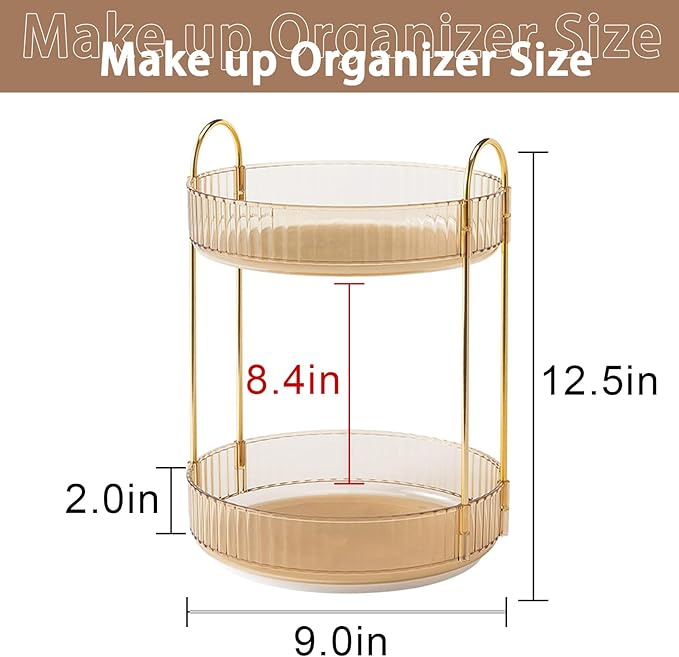Rotating Makeup Organizer for Vanity, High-Capacity Skincare Clear Make Up Storage Perfume Organizers Cosmetic Dresser Organizer Countertop 360 Spinning (Gold, 2 Tier)-Velvo Beauty