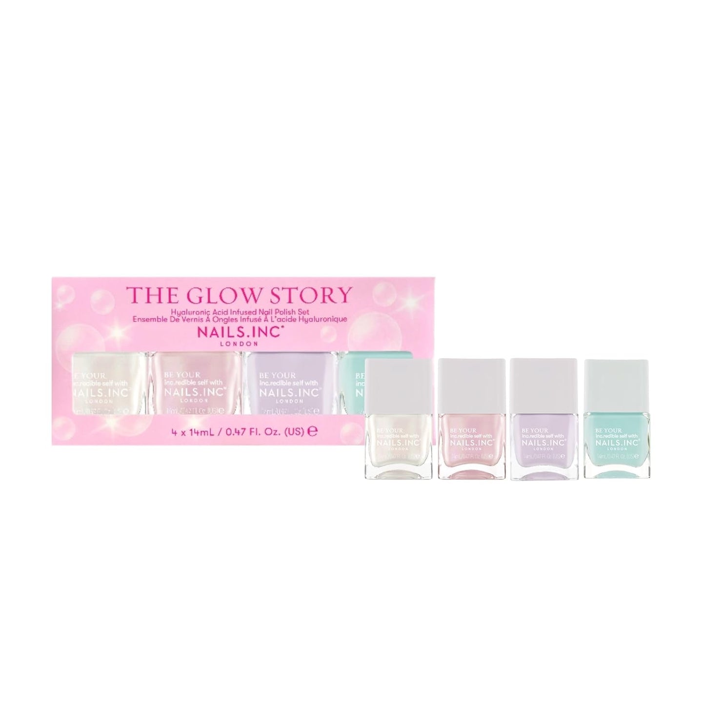 Nails Inc The Glow Story Nail Polish Set, Hyaluronic Acid, Glossy, No Chip, Long Lasting, Quick Dry, Air Dry, Professional Manicures & Pedicures, Fingernails & Toenails, Vegan Nail Polish, 4 Piece Set-Velvo Beauty