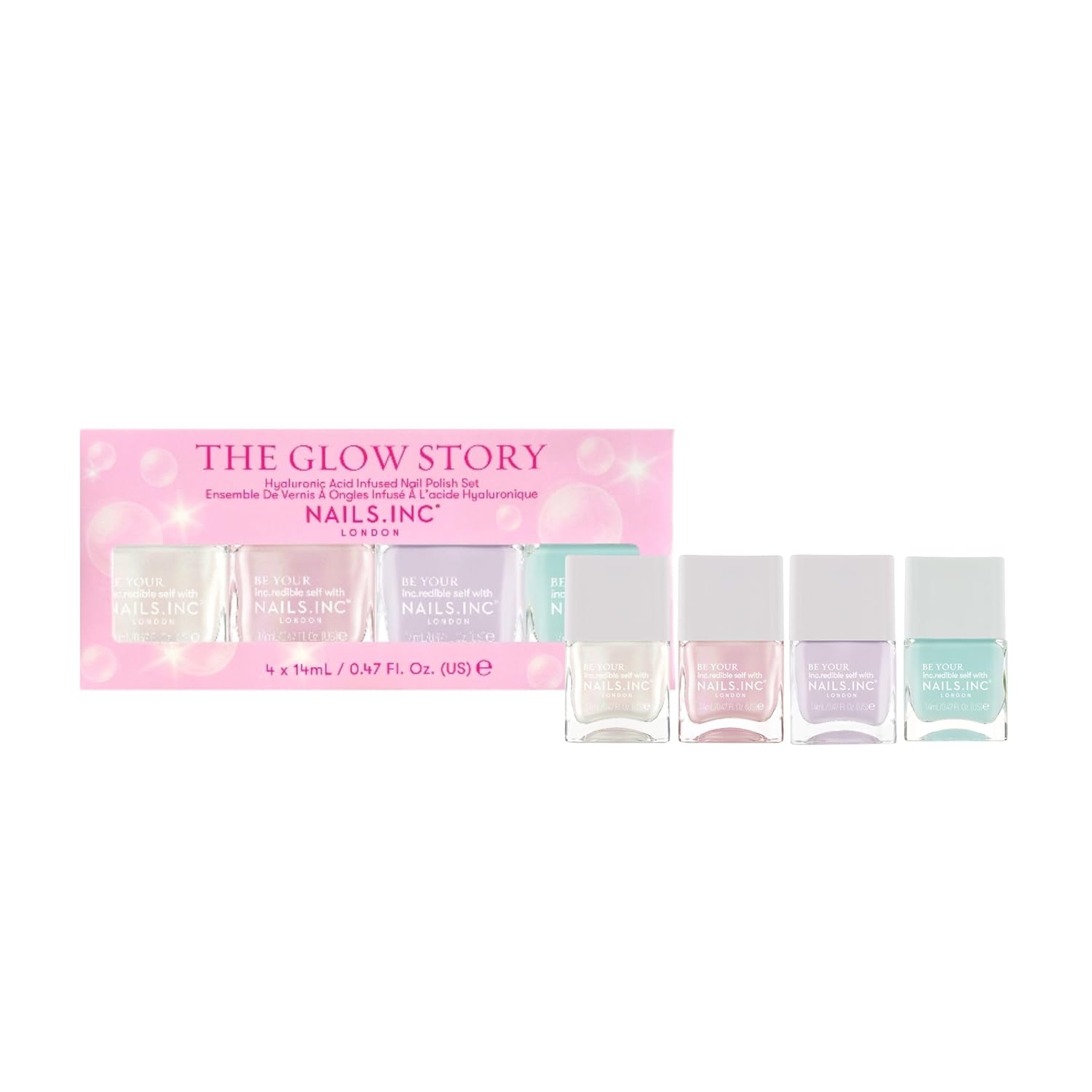 Nails Inc The Glow Story Nail Polish Set, Hyaluronic Acid, Glossy, No Chip, Long Lasting, Quick Dry, Air Dry, Professional Manicures & Pedicures, Fingernails & Toenails, Vegan Nail Polish, 4 Piece Set-Velvo Beauty