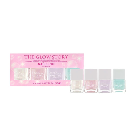 Nails Inc The Glow Story Nail Polish Set, Hyaluronic Acid, Glossy, No Chip, Long Lasting, Quick Dry, Air Dry, Professional Manicures & Pedicures, Fingernails & Toenails, Vegan Nail Polish, 4 Piece Set-Velvo Beauty