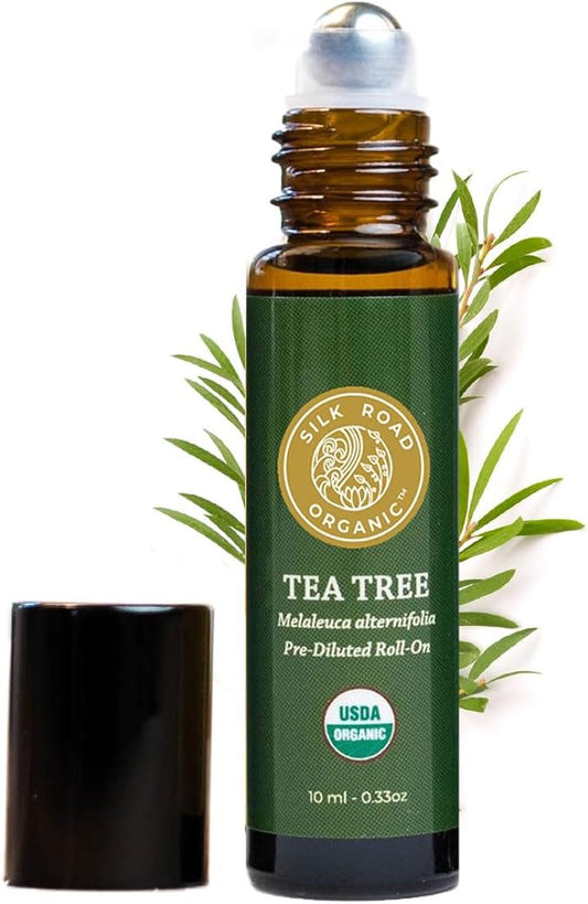 Silk Road Organic Tea Tree Essential Oil Roll On, 100% Pure USDA Certified – Healthy Skin, Toenails, Feet, Body Odor - 10 ml Roller - Always Pure, Always Organic-Velvo Beauty