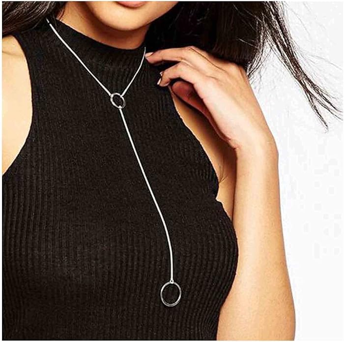 Boho Long Circle Pendant Necklace Silver Y Lariat Necklace Minimalist Y Drop Chain Necklace Jewelry for Women-Velvo Beauty