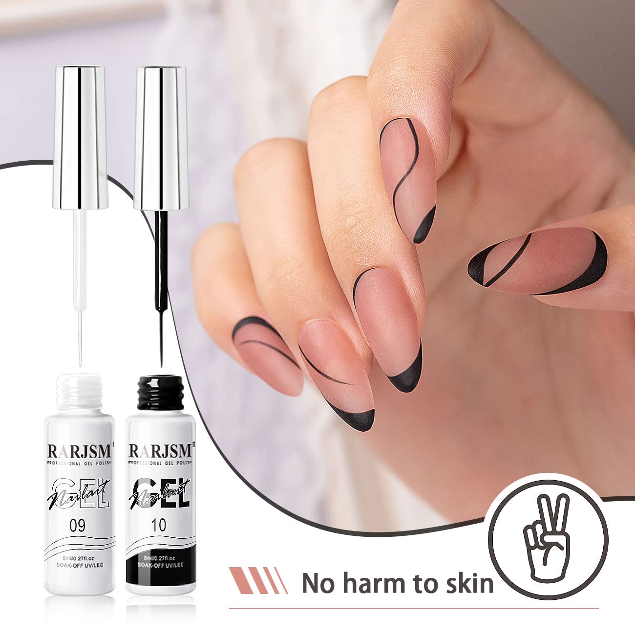 RARJSM Nail Art Gel,Liner Gel Polish,Black White Nail Design Polish Painted GelNailPolish Set 2Pcs Soak off Curing Requires 8ml Build in Thin Brush for Home Salon Diy Nails French Manicure Painting-Velvo Beauty
