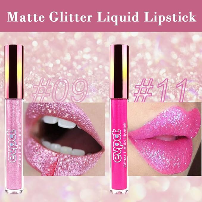 evpct 2Pcs Rose & Hot Pink Glitter Metallic Shimmer Diamond Lipstick Lip Gloss Set for Women Long Lasting Waterproof, Light Bright Rose Pink Sparkle Glitter Matte Liquid Lipstick Lip Makeup Kit-Velvo Beauty