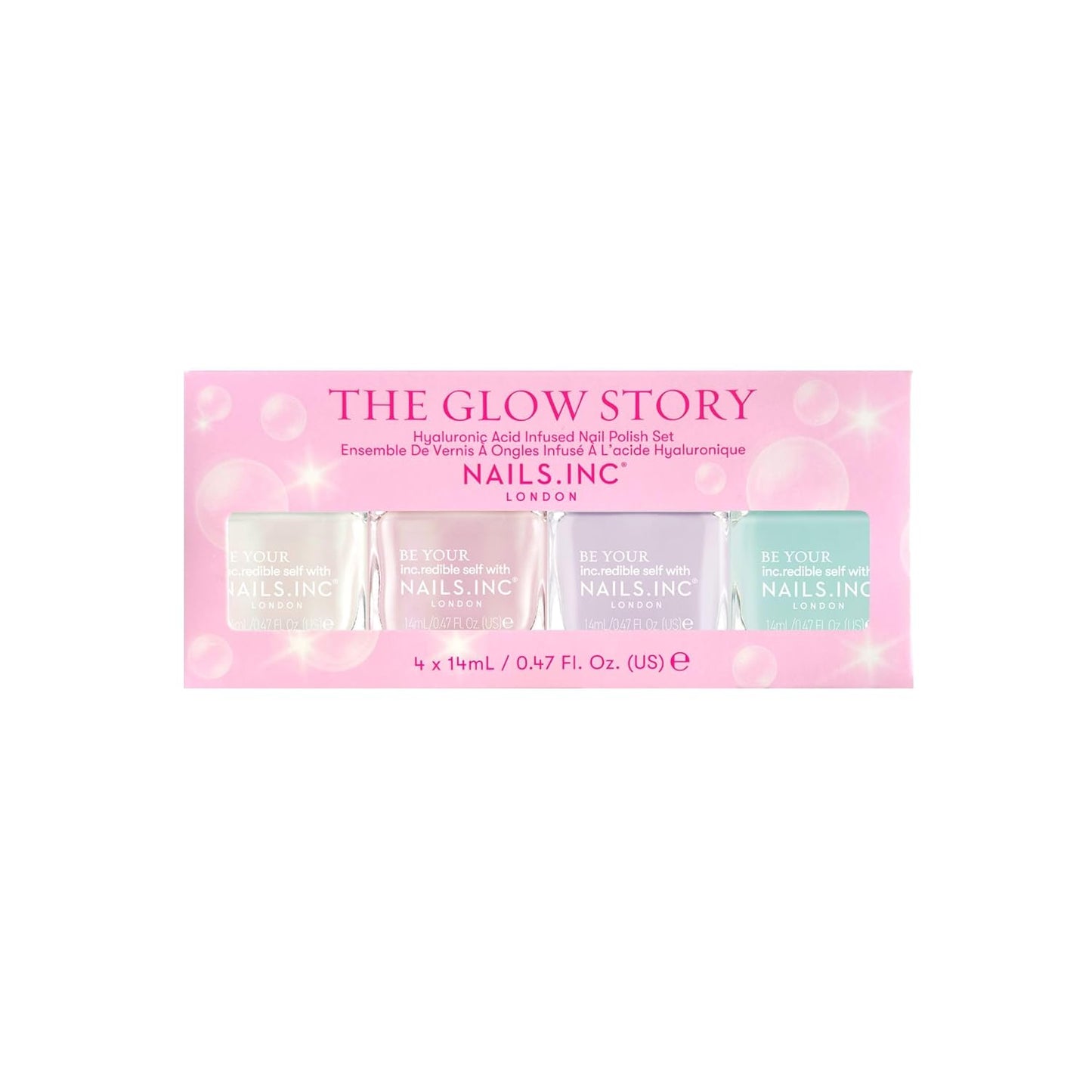 Nails Inc The Glow Story Nail Polish Set, Hyaluronic Acid, Glossy, No Chip, Long Lasting, Quick Dry, Air Dry, Professional Manicures & Pedicures, Fingernails & Toenails, Vegan Nail Polish, 4 Piece Set-Velvo Beauty
