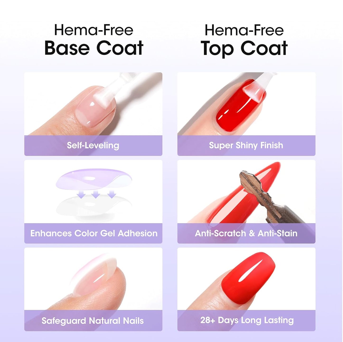 GELLEN 20ml Gel Base and Top Coat, Hema-Free Glossy Top Coat and Base Coat for Gel Nail Polish, No Wipe Soak Off Curing Needed Clear Nail Polish, Easy DIY Manicure Set-Velvo Beauty