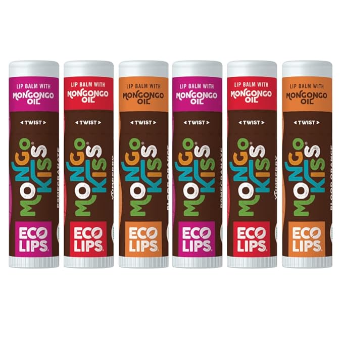 Mongo Kiss Organic Lip Balm 6-Pack by Eco Lips 100% Organic Beeswax & Cocoa Butter Lip Care with Mongongo Oil - Soothe & Moisturize Dry & Cracked Lips - Made in USA. (Pomegranate, Yumberry, Blood Oran-Velvo Beauty