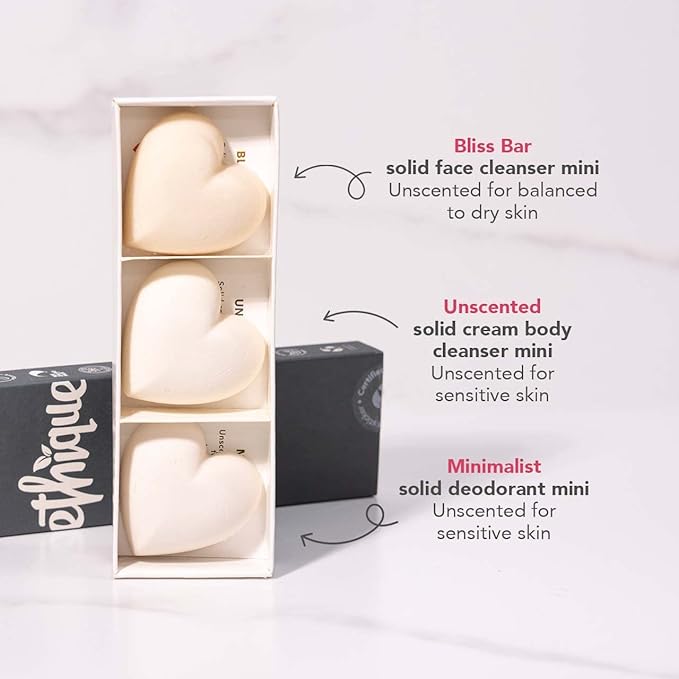 Ethique Unscented Gift Set- Face Cleanser, Body Cleanser & Deodorant, Gifts for women - Plastic-Free, Vegan, Cruelty-Free, Eco-Friendly, 3 Travel Bars, 1.59 oz (Pack of 1)-Velvo Beauty