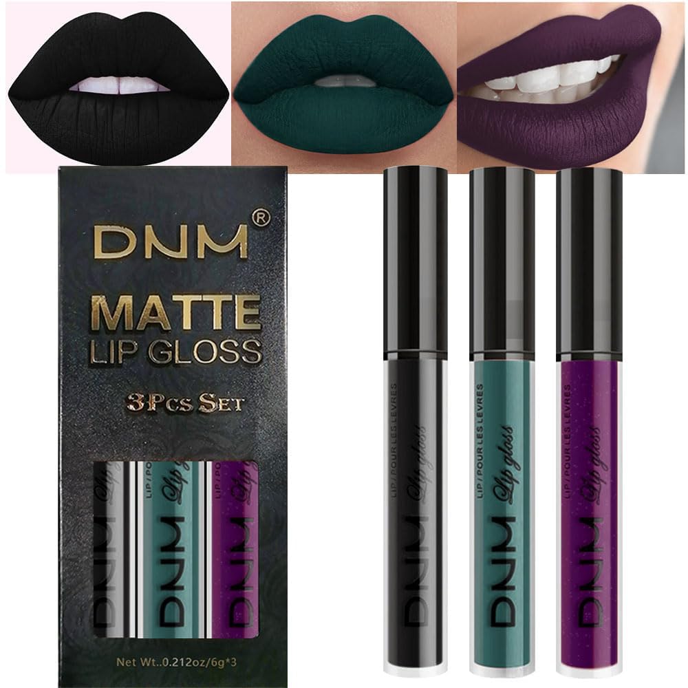 evpct 3Pcs Dark Black Green Purple Matte Liquid Lipstick Lip Stain Sets for Women Long Lasting Waterproof, 24 Hours Goth Lipstick labiales matte mate larga duracion listip 24 hours, 19#-Velvo Beauty