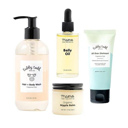 Tubby Todd New Baby & Mom Sensitive Skincare Kit - The Mama + Baby Gift Set - Baby Shampoo and Body Wash, All Over Ointment, Belly Oil & Nipple Balm - Standard Size Fragrance-Free-Velvo Beauty