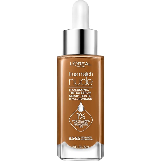 L'Oreal Paris True Match Nude Hyaluronic Tinted Serum Foundation with 1% Hyaluronic acid, Medium Deep 8.5-9.5, 1 fl. oz.-Velvo Beauty