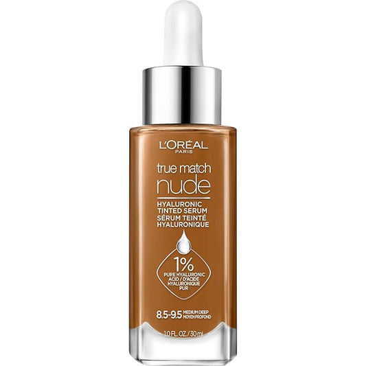 L'Oreal Paris True Match Nude Hyaluronic Tinted Serum Foundation with 1% Hyaluronic acid, Medium Deep 8.5-9.5, 1 fl. oz.-Velvo Beauty