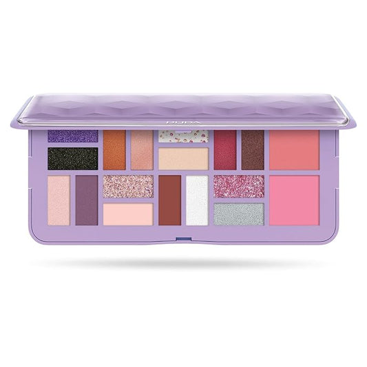 Pupa Milano Make-Up Palette L, 001 Lilac, 0.71 oz - 18 Pan Eyeshadow and Blush Palette, Matte, Shimmer, Metallic Finishes - Blendable Velvety Texture Blush Powder - Talc-Free - Eco-Friendly Packaging-Velvo Beauty