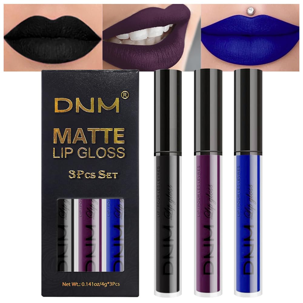 evpct 3Pcs Dark Purple Black Royal Blue Matte Liquid Lipstick Lip Stain Sets for Women Matte+Lipstick Long Lasting Waterproof Permanent 24 hr Hours Magic Lipstick 24 Hours original, Set27-Velvo Beauty