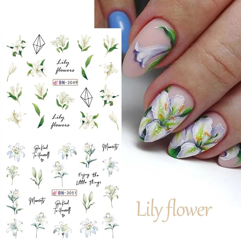 12 Designs Flower Nail Art Stickers - Lily Acrylic Decals for Spring Summer Decorations - Colorful Assorted Floral Water Transfer Slider Foil Sticker for Women-Velvo Beauty