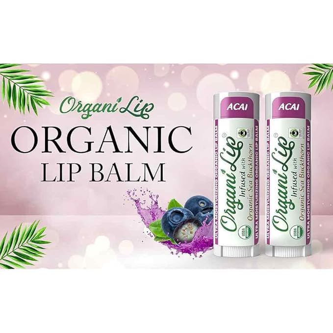 Organic Lip Balm, Acai Flavor, Ultra Hydrating Lip Moisturizer for Cracked or Dry Lips, Infused With Organic Sea Buckthorn, Oval Shaped Tube, USDA Certified Organic, 1 Pack-Velvo Beauty