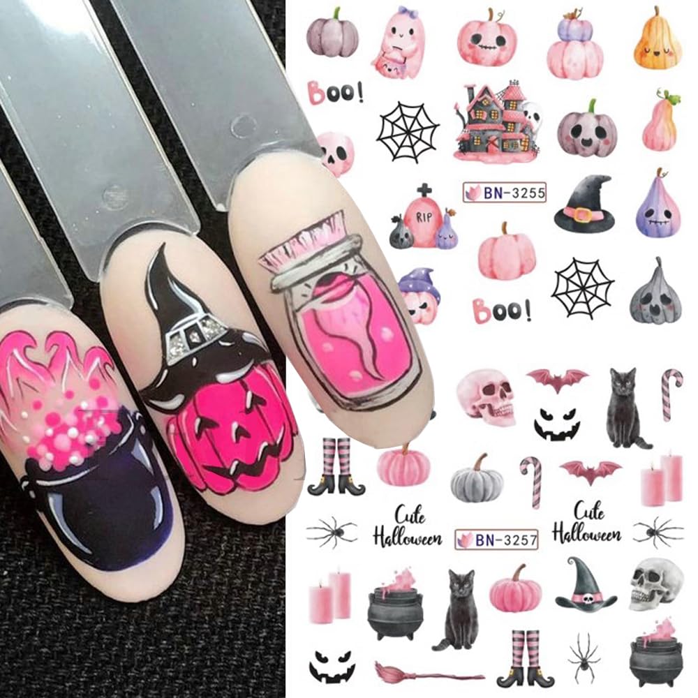 12 Sheets Halloween Nail Art Stickers Pink Pumpkin Water Transfer Nail Decals Cute Ghost Spider Skeleton Acrylic Nail Stickers for Women DIY Manicure Tips Halloween Nail Art Decorations Supplies-Velvo Beauty
