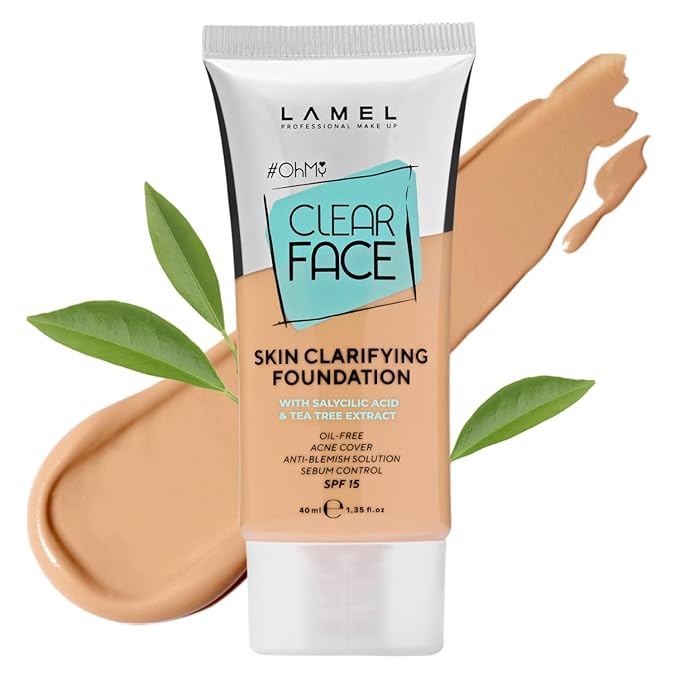 Lamel - Oh my Clear Face Foundation-404 Custard | Contains tea tree extract and salicylic acid |Controls sebum production |Anti-blemish formula |Oil free foundation | 40ml-Velvo Beauty