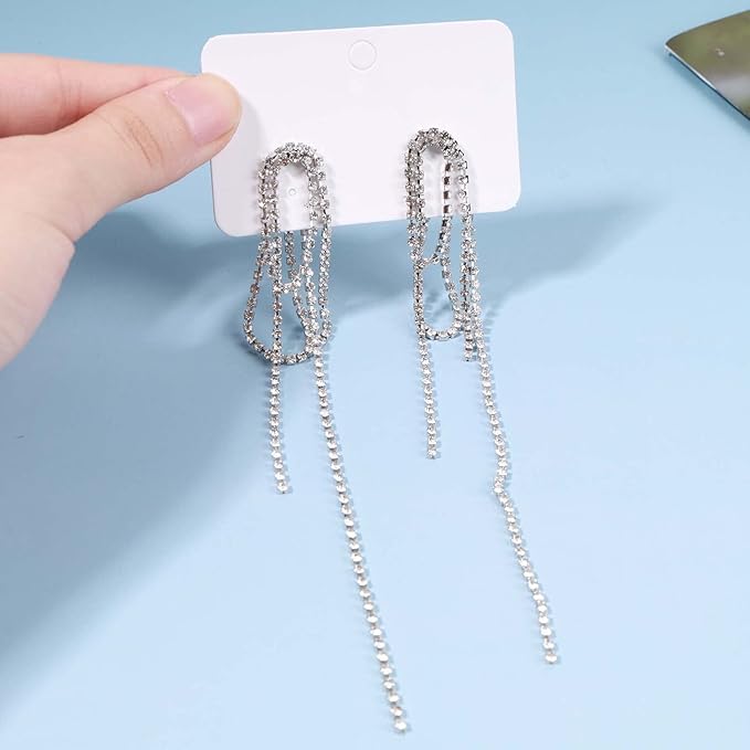 Rhinestone Tassel Ear Jacket Earrings Long Rhinestone Chain Earrings Silver Crystal Tassel Earrings Vintage Chandelier Chain Earrings Luxury Statement Earrings Jewelry for Women and Girls Gifts-Velvo Beauty