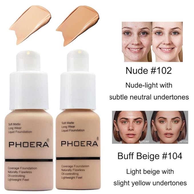 2 Pcs Phoera Foundation Makeup 102 and 104 Liquid Full Coverage 24HR Matte Oil Control Foundation Makeup Concealer (Nude & Buff Beige) with Kabuki Foundation Brush Flat Top-Velvo Beauty