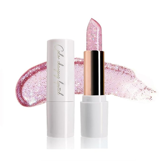 Pink Shimmer Lipstick, Ph Mood Magic Color Changing Lip Balm Plumping Glimmer Glow Lipstick Hydrating Lip Glow Oil Lasting Tinted Lip Balm Moisturizing Lips Care Temperature Jelly Lipstick(3#)-Velvo Beauty