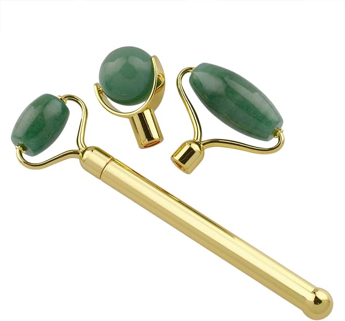 mookaitedecor Jade Roller Green Aventurine 3 in 1 Set Removable Replacement Rollers, Anti-Aging Massager Tool for Face and Neck-Velvo Beauty