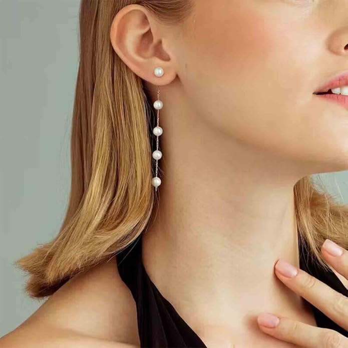 Boho Pearl Drop Earrings Long Pearl Tassel Earrings Gold Pearl Chain Earrings Vintage Pearl Stud Earrings Jewelry for Women-Velvo Beauty