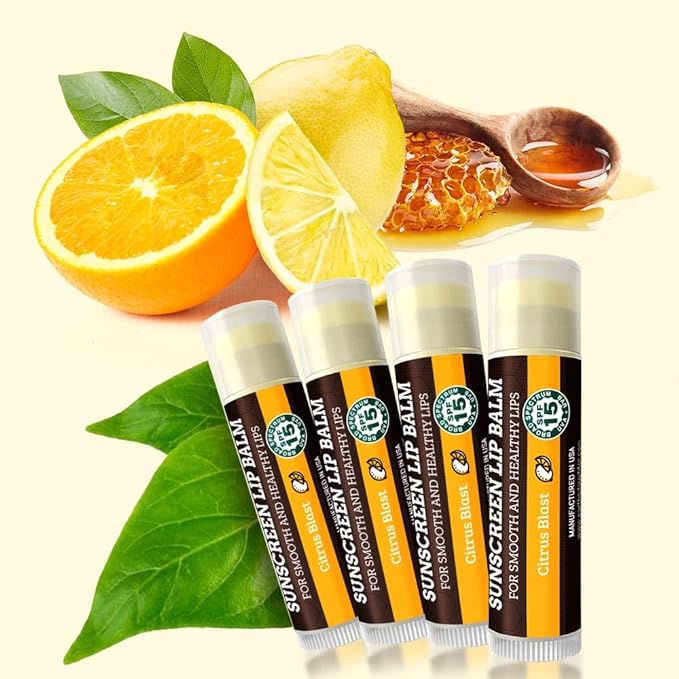 SPF Lip Balm 4-Pack by Earth's Daughter - Lip Sunscreen, SPF 15, Organic Ingredients, Citrus Flavor, Beeswax, Coconut Oil, Vitamin E - Hypoallergenic, Paraben Free, Gluten Free-Velvo Beauty