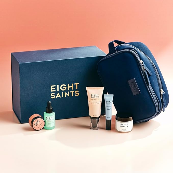 Eight Saints Date Night Skincare Prep Gift Set, All Natural & Organic, Gift Set Includes Eye Gel, Hyaluronic Acid Serm, Mud Face Cleanser, Vitamin C Cream, Lip Mask, and Neoprene Travel Bag, 6 Pc Set-Velvo Beauty