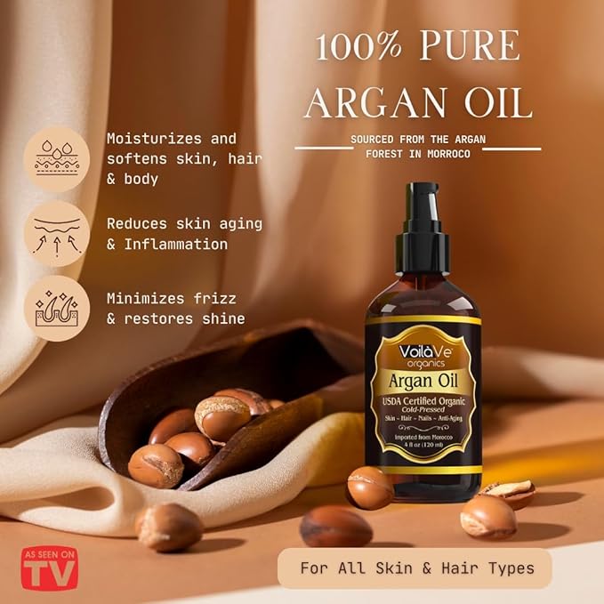VoilaVe USDA and ECOCERT 100% Pure Organic Moroccan Argan Oil for Skin, Nails & Hair Growth, Anti-Aging Face Moisturizer, Cold Pressed, Hair Moisturizer, Rich in Vitamin E, As Seen On TV - 4 fl oz-Velvo Beauty
