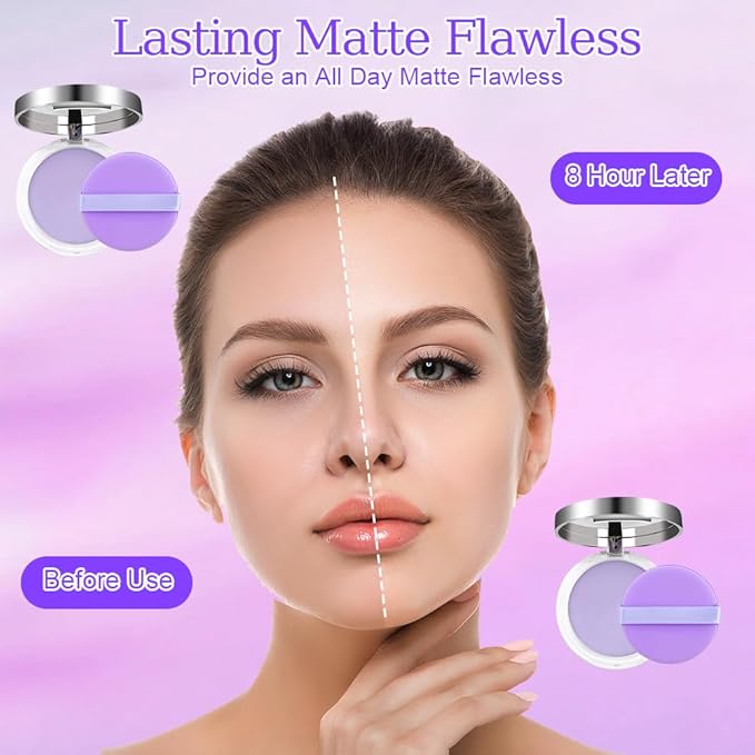 2PCS Oil Control Face Pressed Powder，zxbaers Chillab Lavender Matte Powder，Matte Smooth Setting Powder Makeup, Waterproof Long Lasting Finishing Powder, Flawless Lightweight Face Cosmetics-Velvo Beauty