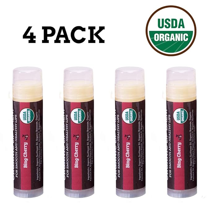 USDA Organic Lip Balm 4-Pack by Earth's Daughter - Cherry Flavor, Beeswax, Coconut Oil, Vitamin E - Best Lip Repair Chapstick for Dry Cracked Lips.-Velvo Beauty
