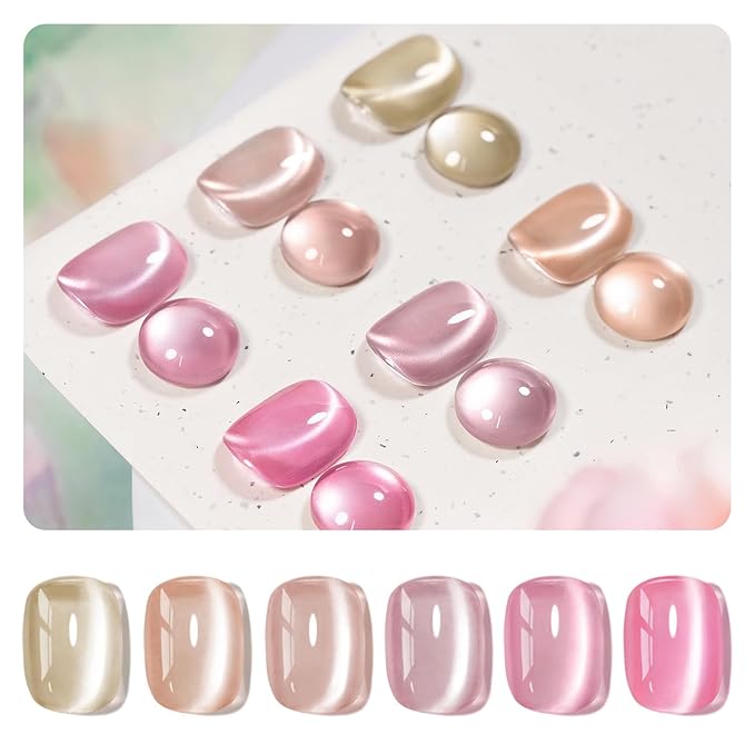 RARJSM Nude Jelly Glass Cat Eye Gel Nail Polish Set 6Pcs Champagne Gold Rose Blush Metal Pink Red Smoothie Ceramics Cateye Silver Glitter Gelpolish with Magnetic Stick UV LED Curing Require Home Salon-Velvo Beauty