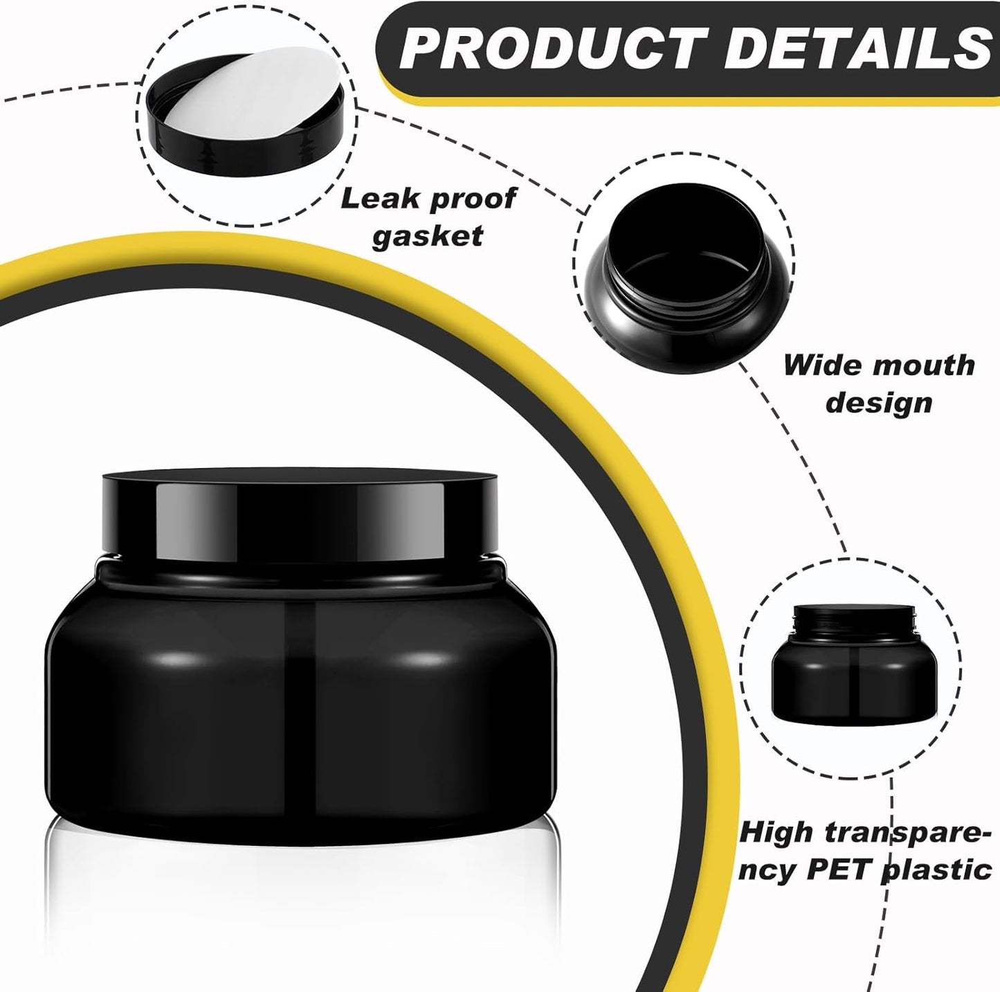 Tessco 24 Pack Plastic Jars with Lids Labels Empty Clear Plastic Jars Round Refillable Cosmetic Containers Body Butter Containers Bulk Sugar Scrub Bottle for Make Up(8 oz,Black)-Velvo Beauty