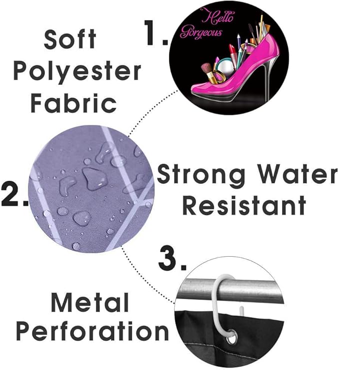 4PCS Hello Gorgeous Shower Curtain Set, Hot Pink High Heels Lipstick Makeup Fashion Girls Women Bathroom Decor, Waterproof Fabric Black Shower Curtain, Non-Slip Bath Mat Toilet Rug, Hot Pink-Velvo Beauty