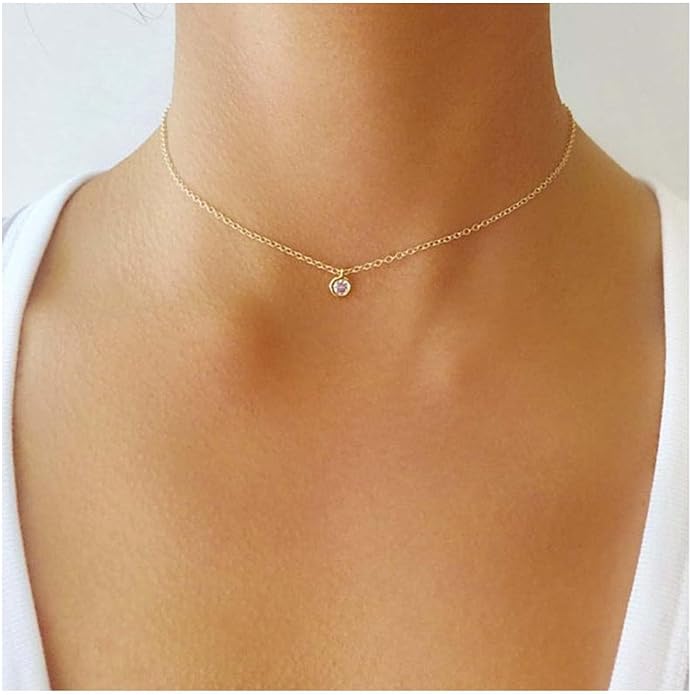 Boho Tiny Crystal Choker Gold Clear Quartz Pendant Necklace Minimal Dot CZ Choker Necklace Simple Everyday Necklace Wedding Necklace Jewelry for Women and Girls Gifts-Velvo Beauty
