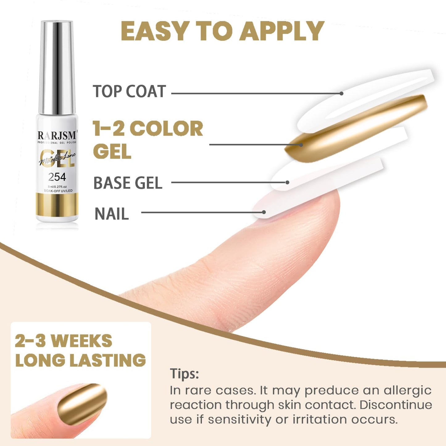 RARJSM Metallic Chrome Gel Liner Nail Art Champagne Gold 3D Mirror Effect Gel Nail Polish 8ml Build in Thin Brush Metal Painted Drawing Striper Painting GelPolish Soak off Curing Requires Home Salon-Velvo Beauty