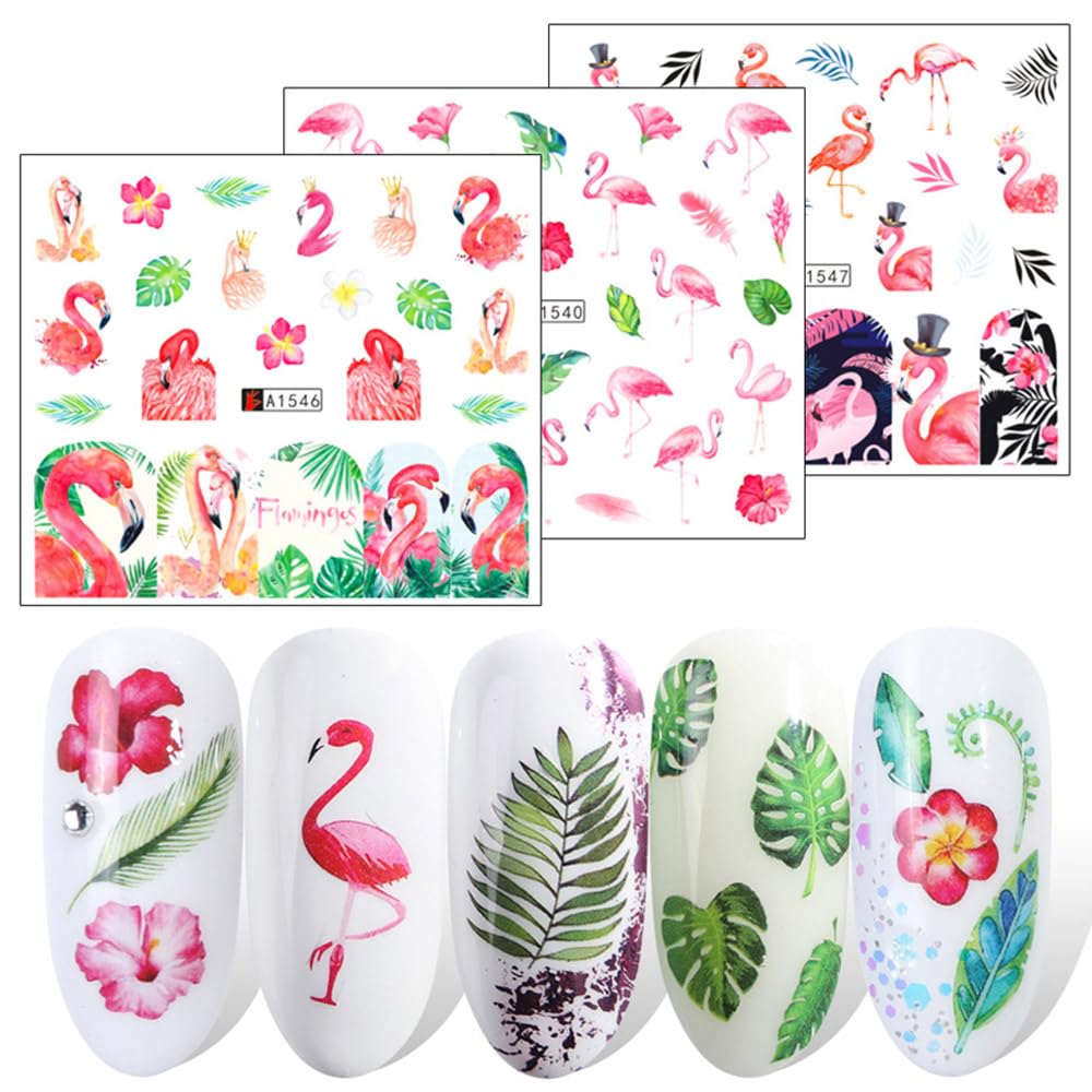 12 Sheet Flamingo Nail Art Stickers Cute Flamingo Green Leaf Design Water Transfer Nail Decals Summer Nail Art Decorations Waterproof Acrylic Nail Stickers for Women DIY Manicure Tips-Velvo Beauty